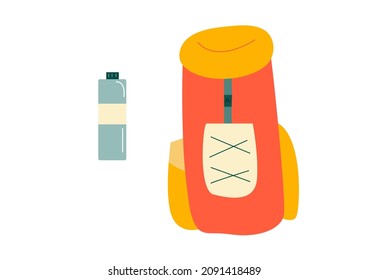 
Acampada vectorial, senderismo, mochila turística brillante de estilo plano aislada en fondo blanco. Ilustración dibujada por mano