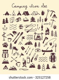 Vector Camping Icon Set. Hand Drawn Adventure Icons. Beautiful Design Elements.