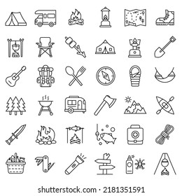 Vector camping icons.  Camp, vacation, tourism, hiking, travel. thin line web icon set.  Simple vector illustration.