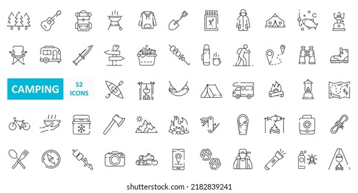 Vector camping icons.  Camp, vacation, tourism, hiking, travel. thin line web icon set.  Simple vector illustration.