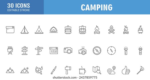 Vector camping icons. Editable Stroke. Summer camping hiking canoe mountains. Landscape forest tent caravan. Bonfire matches grill cooking on a bonfire. Picnic hammock backpack binoculars map