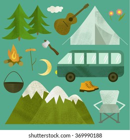 Vector camping icons set. Includes tent, guitar, van, axe, fir-tree, mountains, chair, moon, travel boots, cauldron, bonfire.