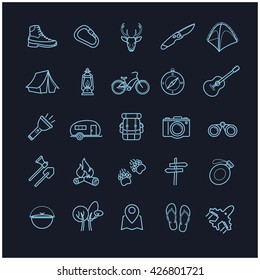 vector camping icons set on a black background for your design