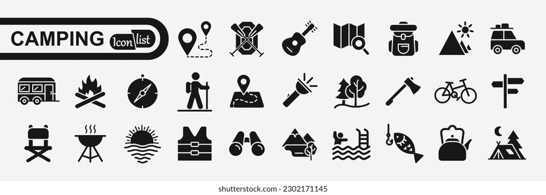Vector camping icons. Summer camping hiking canoe mountains. Landscape forest tent caravan.
