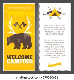 Vector camping invitations depicting wildlife. Unforgettable camping. Summer adventure. Untouched corners of nature.Tourism hiking holidays forest landscape.
