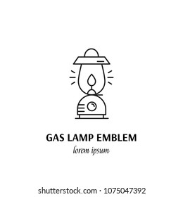 Vector camping lantern silhouette isolated on white background. Gas lamp with glowing fire wick. Flat tourist oil lantern outline vector illustration. Lamp for hiking.