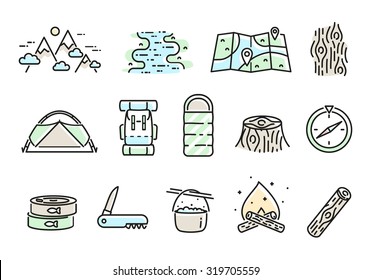 Vector camping linear icon set