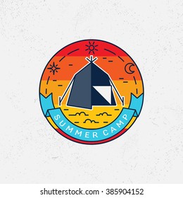 Vector camping  logo emblem. Summer camp badge and outdoor activity logo, emblem, label. Illustration made in flat  line style.