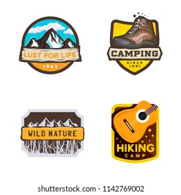Vector camping logos in modern style, hiking badge with inspirational slogan. Design elements: guitar, mountains, trees, hiking shoe, stars.