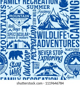 Vector camping and outdoor adventures retro styled seamless typographic pattern or background. Tourism, hiking and travel icons.