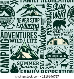 Vector camping and outdoor adventures retro styled seamless typographic pattern or background. Tourism, hiking and travel icons.