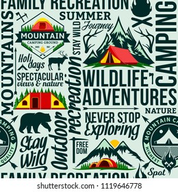 Vector camping and outdoor adventures seamless typographic pattern or background. Tourism, hiking and travel icons.