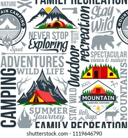 Vector camping and outdoor adventures seamless typographic pattern or background. Tourism, hiking and travel icons.