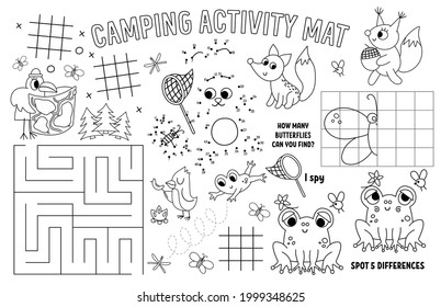 Vector camping placemat for kids. Summer camp holidays printable activity mat with maze, tic tac toe charts, connect the dots, find difference. Black and white play mat or coloring page with animals