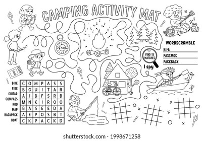 Vector camping placemat. Summer camp holidays printable activity mat with maze, tic tac toe charts, connect the dots, wordsearch. Black and white play mat or coloring page with cute kids