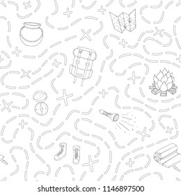 Vector camping seamless pattern with backpack, bonfire, shoes, map, cauldron, sleeping bag, flashlight, compass and path to location outline. Hand drawn travel ornament on the white background.