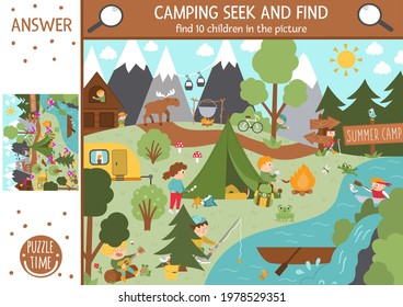 Vector camping searching game with cute children in the forest. Spot hidden kids in the picture. Simple seek and find summer camp or woodland educational printable activity. Outdoor family quiz

