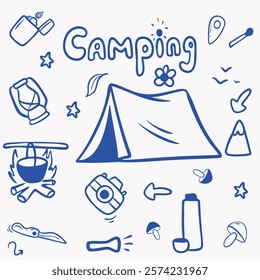 Vector camping set with light blue line with elements set: tent, fire, thermos, mountain, camera, knife, mushrooms, lantern for packaging design, print