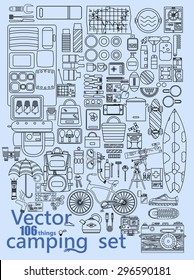 vector camping set with one hundred and six things, that you need to take with you on a journey with kettle,camera,key,watermelon,knife,radio,cards,patch,candy,chicken leg,container for food,