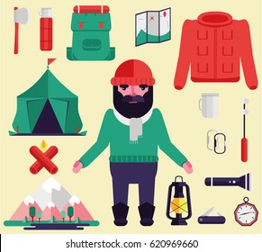 Vector camping set with tent, vintage lantern, mug, knife, compass, shovel, thermos, backpack and  cartoon  tourist.