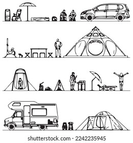 Vector Camping Set. Travel activities. Camping vector logo template for your design. Tourist tent, forest, camp, trees, camp banners, banners, vintage camping brochures, outdoor adventure symbols.