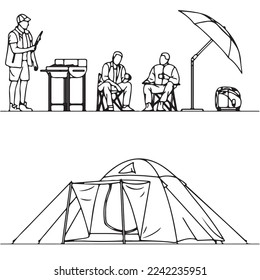 Conjunto de acampadas vectoriales. Actividades de viajes. Plantilla de logotipo vectorial de camping para su diseño. Tienda de turismo, bosque, campo, árboles, carteles de campamento, pancartas, folletos de camping vintage, símbolos de aventura al aire libre.