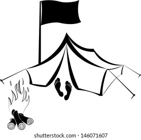 Vector Camping site with tent and burning campfire