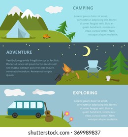 Vector camping template, layout, concept. Includes tent, guitar, axe, fir-tree, mountains, chair, moon, travel boots, cauldron, bonfire.