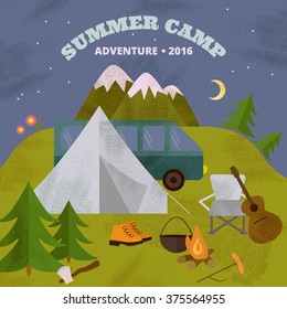 Vector camping template, layout, concept. Includes tent, guitar, axe, fir-tree, mountains, chair, moon, travel boots, cauldron, bonfire.