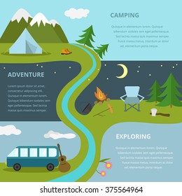 Vector camping template, layout, concept. Includes tent, guitar, axe, fir-tree, mountains, chair, moon, travel boots, cauldron, bonfire.
