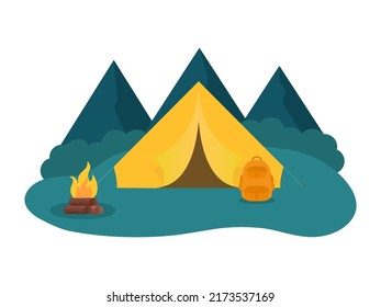 Carpa Vectora De Camping Con Mochila, Fuego En Montaña Azul Y Fondo Blanco.