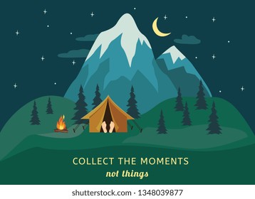 Vector camping tent with bonfire under forest trees on big beautiful ice peak mountain night star sky background. Travelling and advernture concept with collect the moments not things inscription