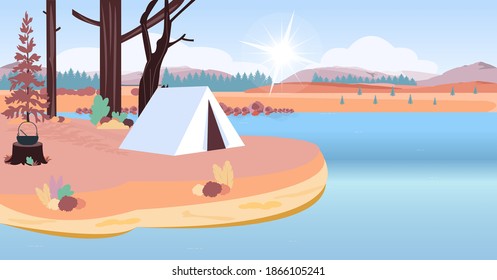 Vector de una tienda de campaña en una playa de lago sobre un fondo de montaña 