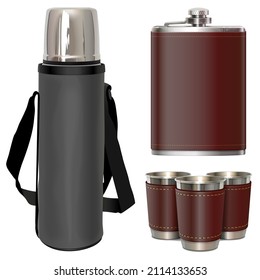 Vector Camping Thermos and Flask with Cups isolated on white background