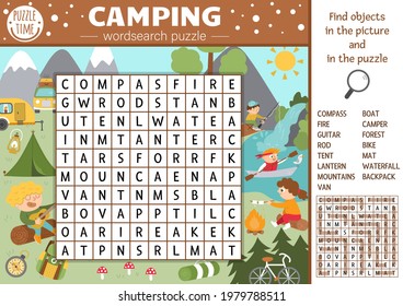 Vector camping wordsearch puzzle for kids. Simple summer camp crossword with forest scene for children. Educational keyword activity with kids fishing, hiking, playing guitar
