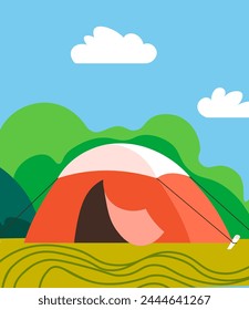 Vector of a campsite with orange tent in a green landscape under a clear blue sky, indicating a serene outdoor experience.