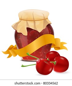 vector a can of cherry jam with an orange ribbon on a white background