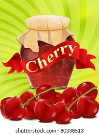 vector a can of cherry jam with red ribbon on green background