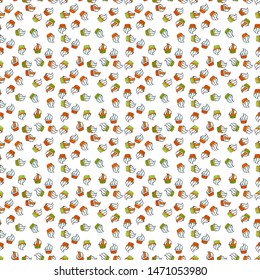 Vector. Can use for birthday card, the children menu, packaging, textiles, fabrics, wallpaper. Seamless pattern with sweets - ice cream, cupcakes isolated on cute white, orange and black background.