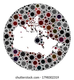 Vector Canada map collage of covid-2019 virus. Infection attacks the lockdown territory from external zone. Hole round Canada map collage composed with infection items.