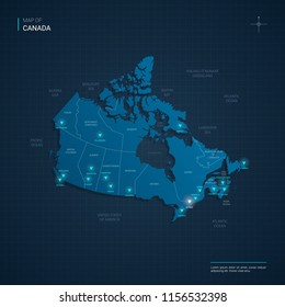 Vector Canada map illustration with blue neon lightpoints - triangle on dark blue gradient background. Administrative divisions, cities, borders, capital. Neon tech background with glow. 