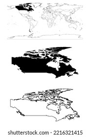 Vector Canada map, map of Canada showing country location on world with solid and outline maps for Canada on white background. File is suitable for digital editing and prints of all sizes.