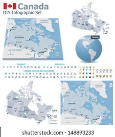 Vector Canada political and administrative divisions maps, Canada flag, Earth globe showing country location, map markers and related icon set