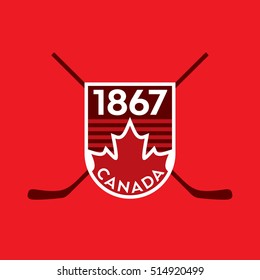 A vector Canadian crest featuring a red maple leaf, crossed hockey sticks and the year of Canada's confederation.