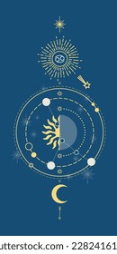 Vector cancer horoscope sign. Horoscope and astrology line symbols on dark background, zodiac celestial design elements.