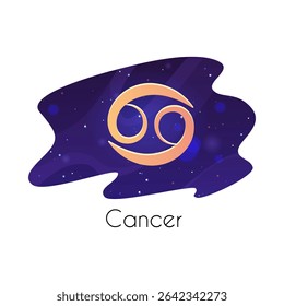 Sinal de câncer de vetor no fundo roxo estrelado. Símbolo de espaço. Astrologia e esotérico. Horóscopo. Ilustração plana. Emblema, adesivo. Plano de fundo isolado.