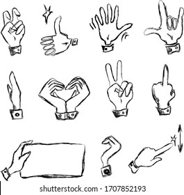 Vector cand gestures - outline illustration.Manual gestures contour set of vectors. victory, okay, Logo design, hand cream, nail Studio, posters, cards.