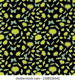 Vector. Candies hearts and butterflies on seamless background. illustration on black, yellow and neutral colors.