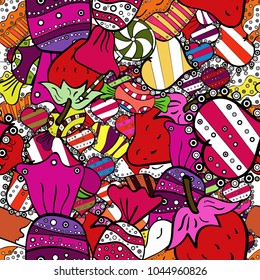 Vector. Candies on seamless background. Watercolor illustration on black, magenta and white colors.