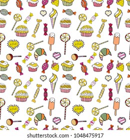 Vector. Candies on seamless background. Watercolor illustration on white, yellow and black colors.
